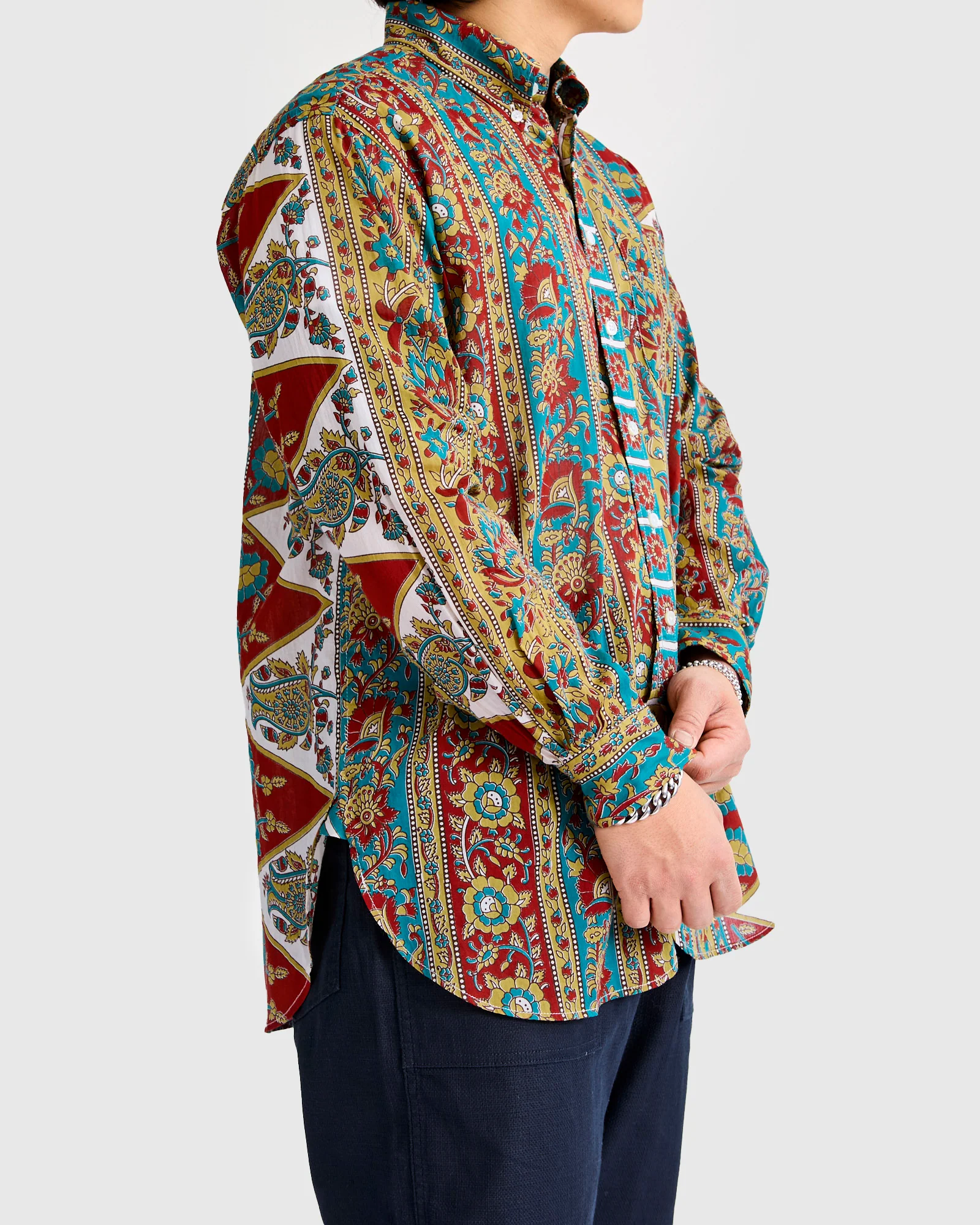 19th Century Button-Down Shirt in Jade Khaki Floral Stripe - Image 3