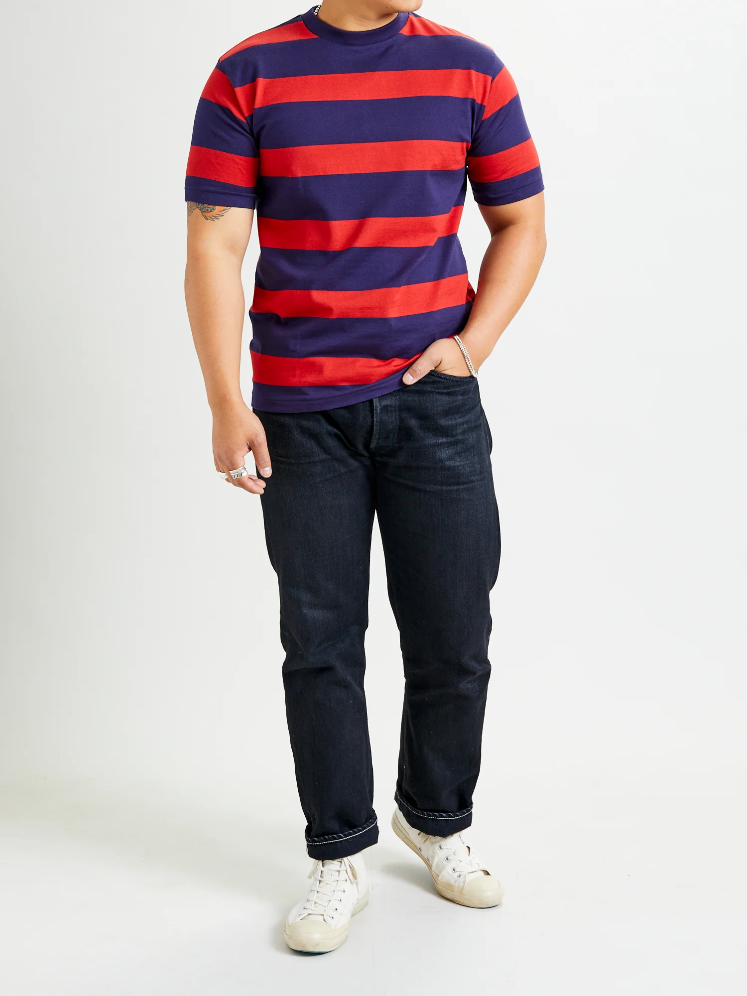 4089 Loopwheel Stripe Border Tee in Navy Red - Image 7
