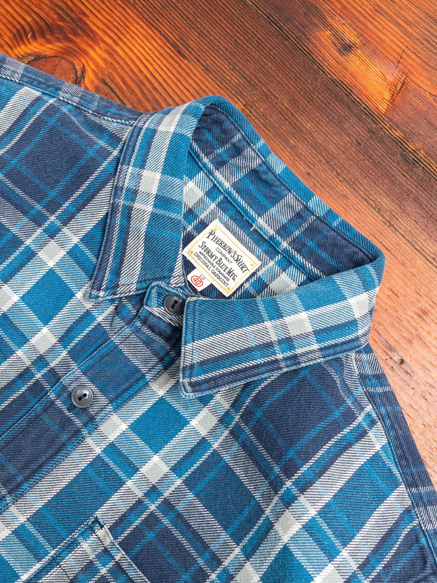 730WS Heavy Washed Flannel Shirt in Blue Check - Image 3