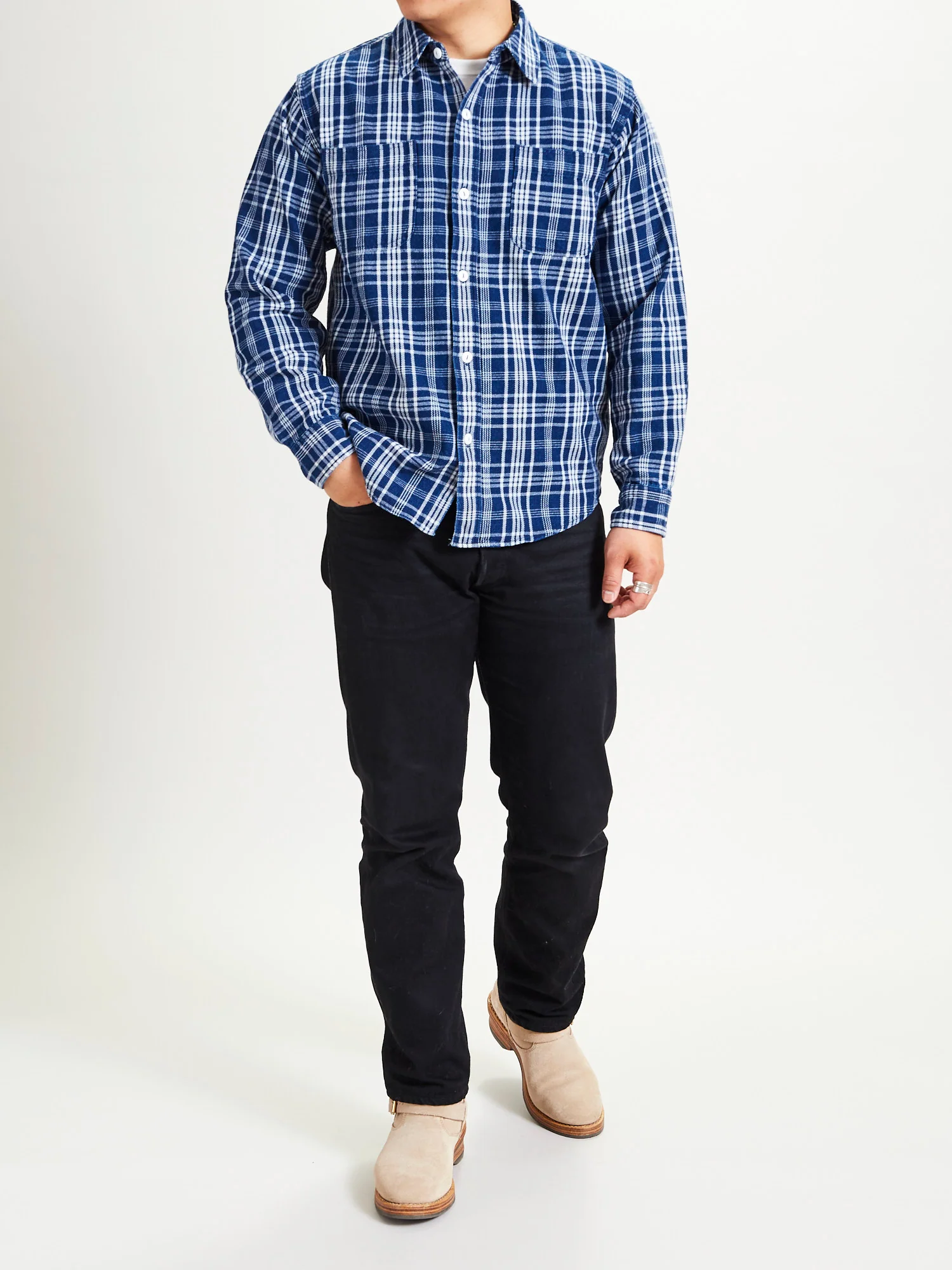 730WS Heavy Washed Flannel Shirt in Indigo Check - Image 9