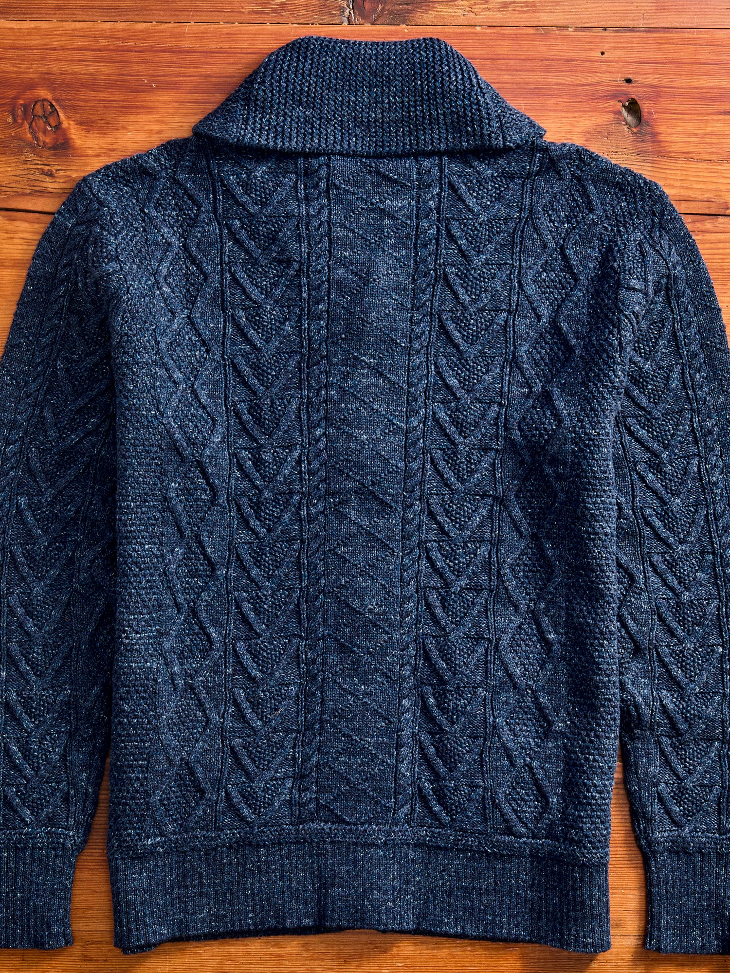 Aran-Knit Shawl Collar Cardigan in Navy Heather - Image 10
