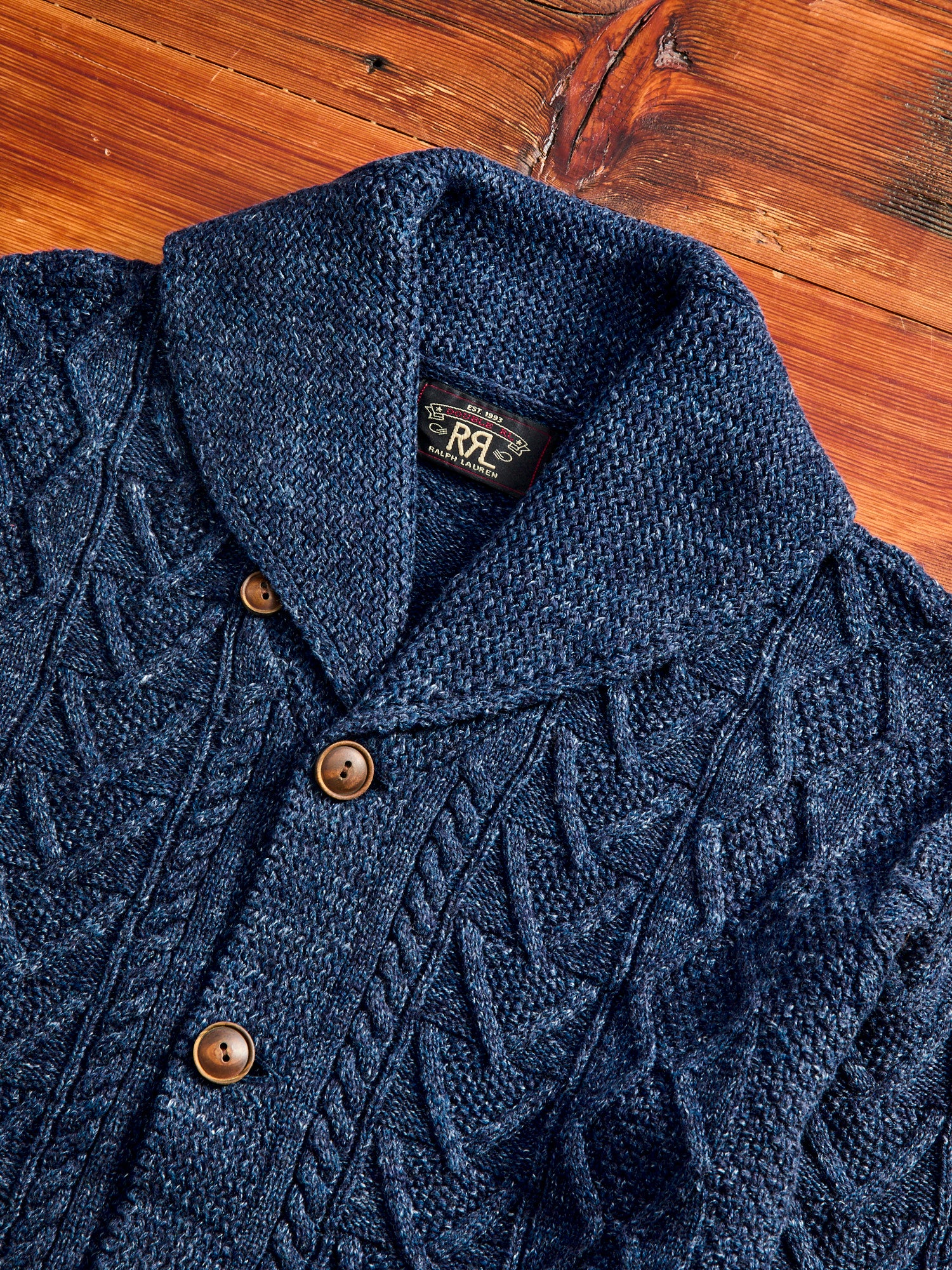 Aran-Knit Shawl Collar Cardigan in Navy Heather - Image 3