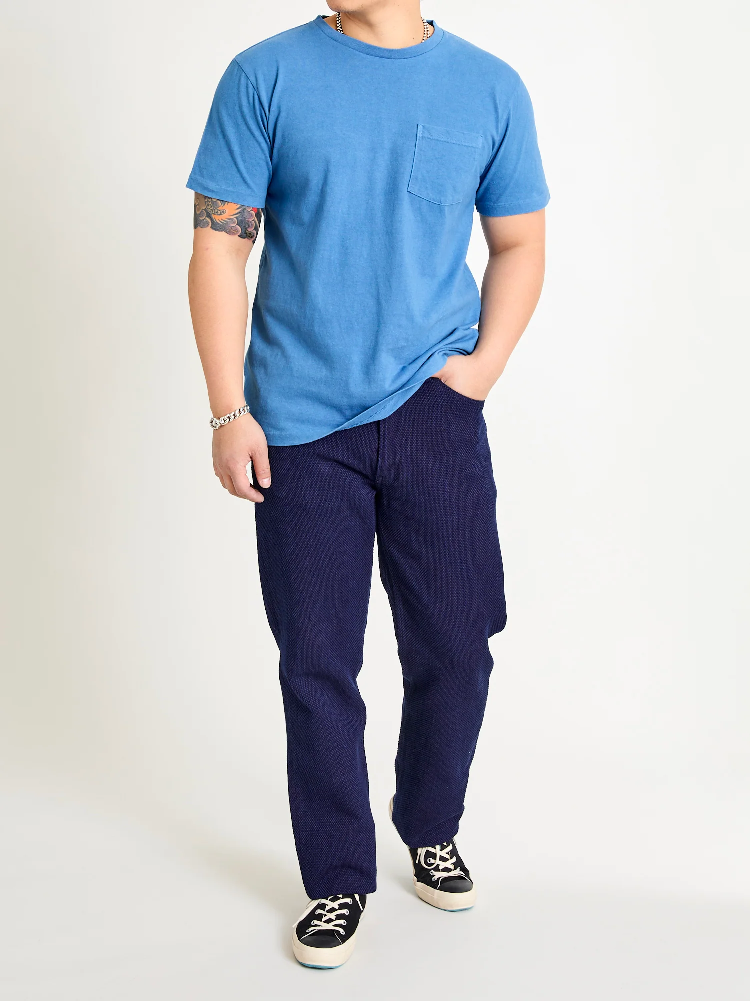"Bamboo and Tiger" Bassen Pocket T-Shirt in Indigo - Image 10