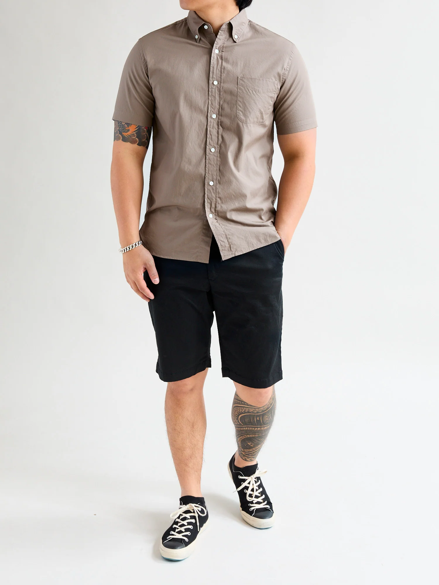 Broad Cloth Short Sleeve Button-Down Shirt in Beige - Image 12