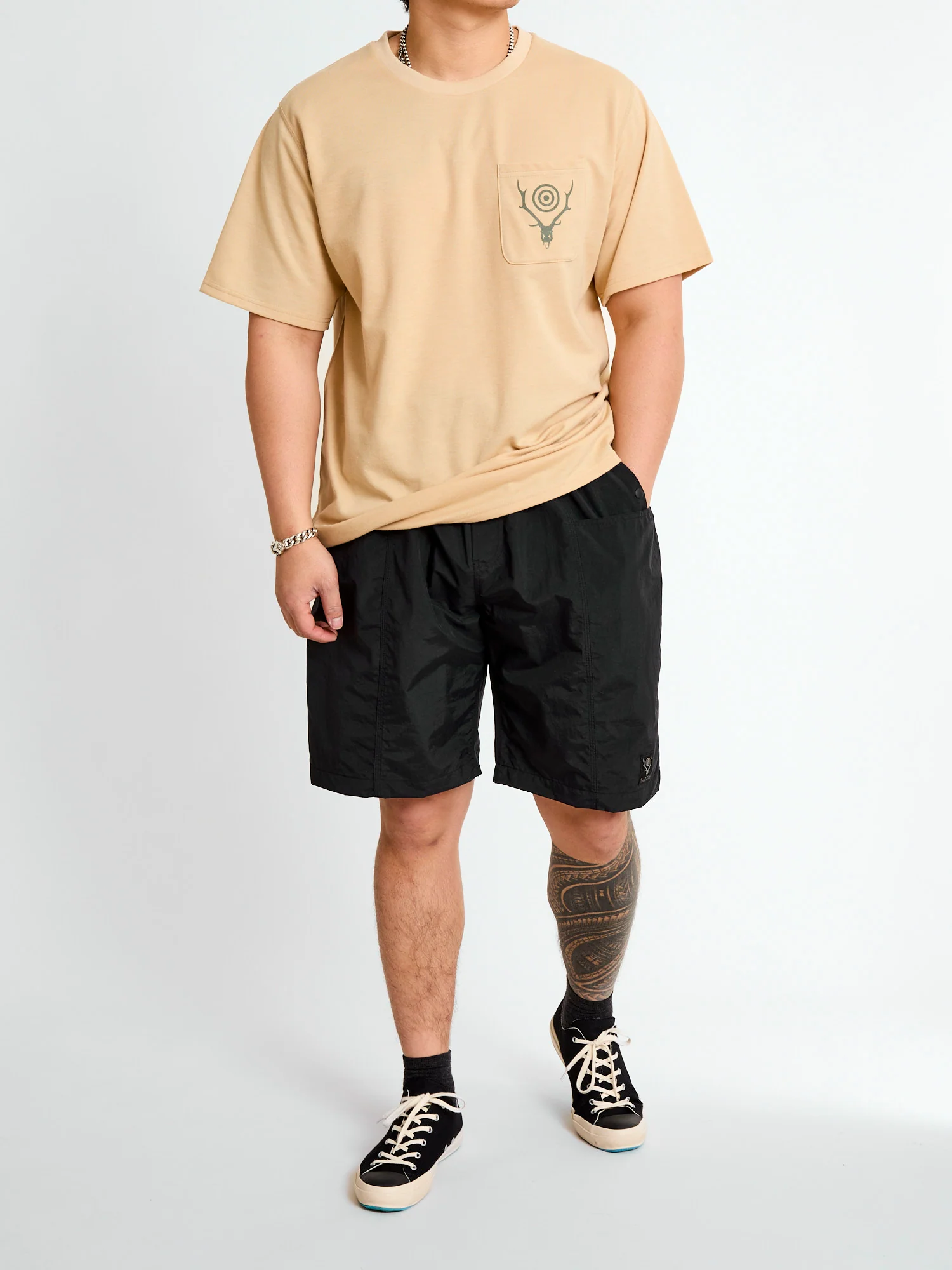 Circle Horn Round Pocket T-Shirt in Beige - Image 10