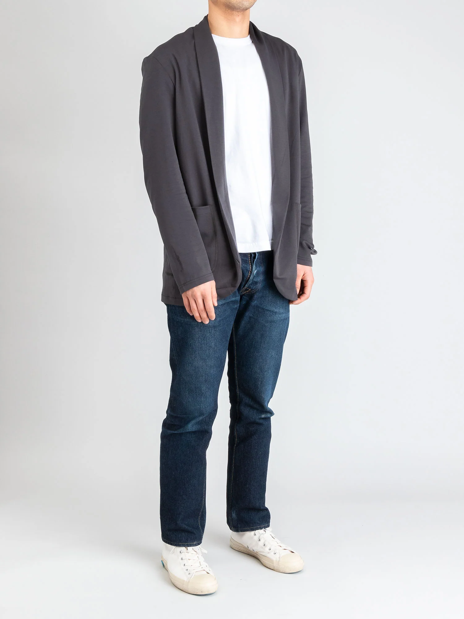 Cotton Double-Face Stole Collar Cardigan in Dark Grey - Image 8