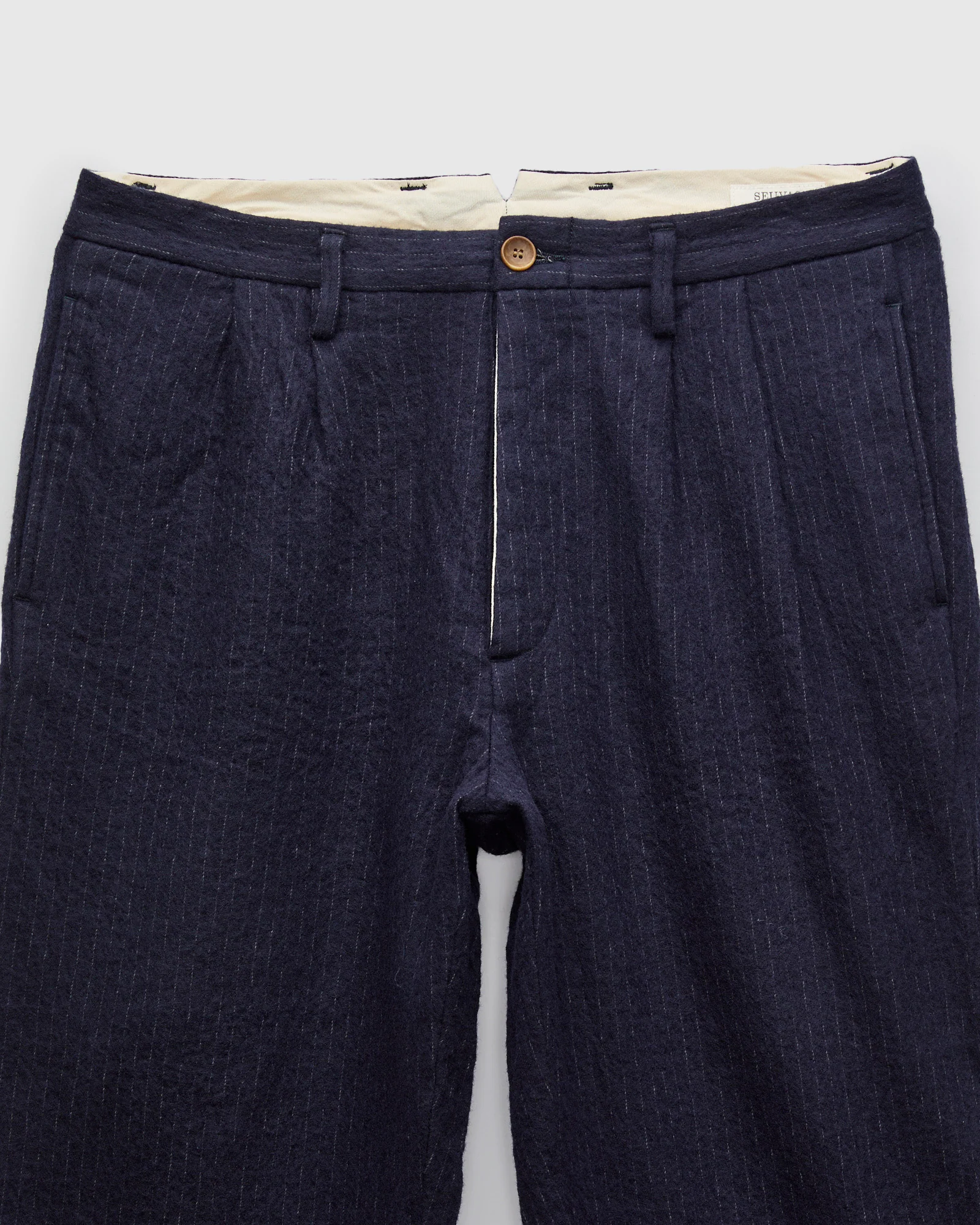 Cotton Wool 2Tuck Trousers in Navy Pinstripe - Image 5