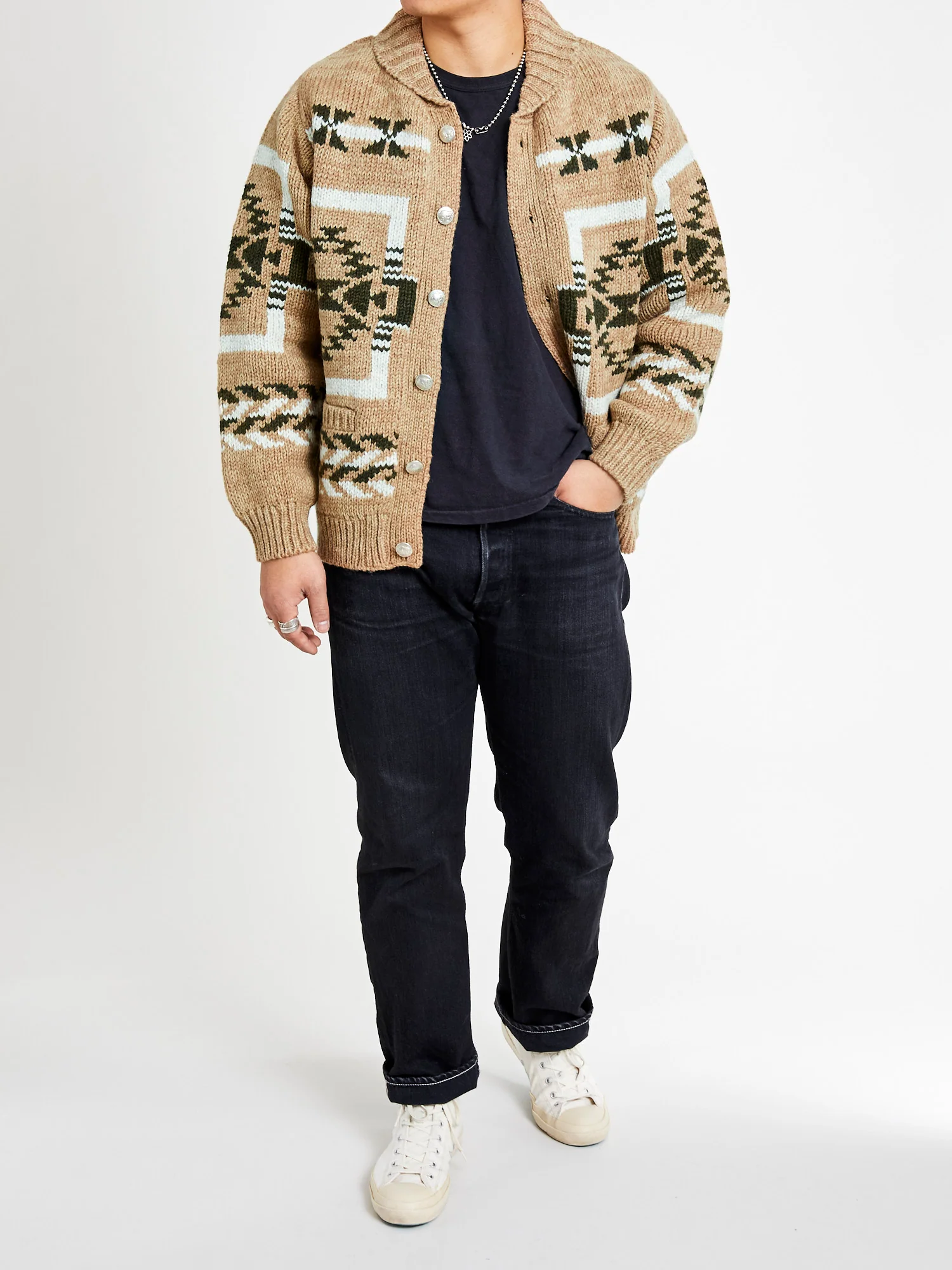 Cowichan Handknit Cardigan Sweater in Beige - Image 11