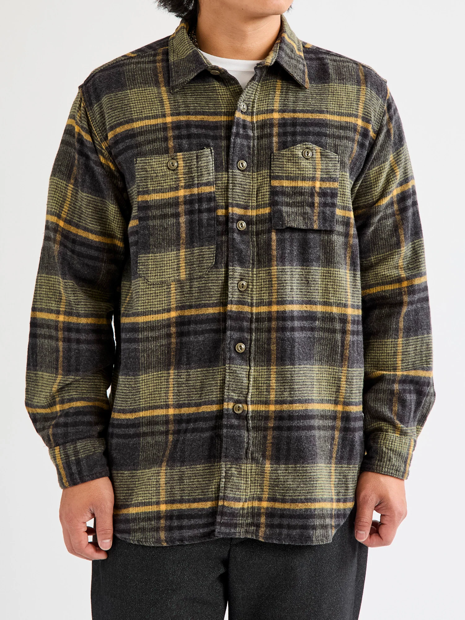 Flannel Work Shirt in Yellow Grey Plaid - Image 2