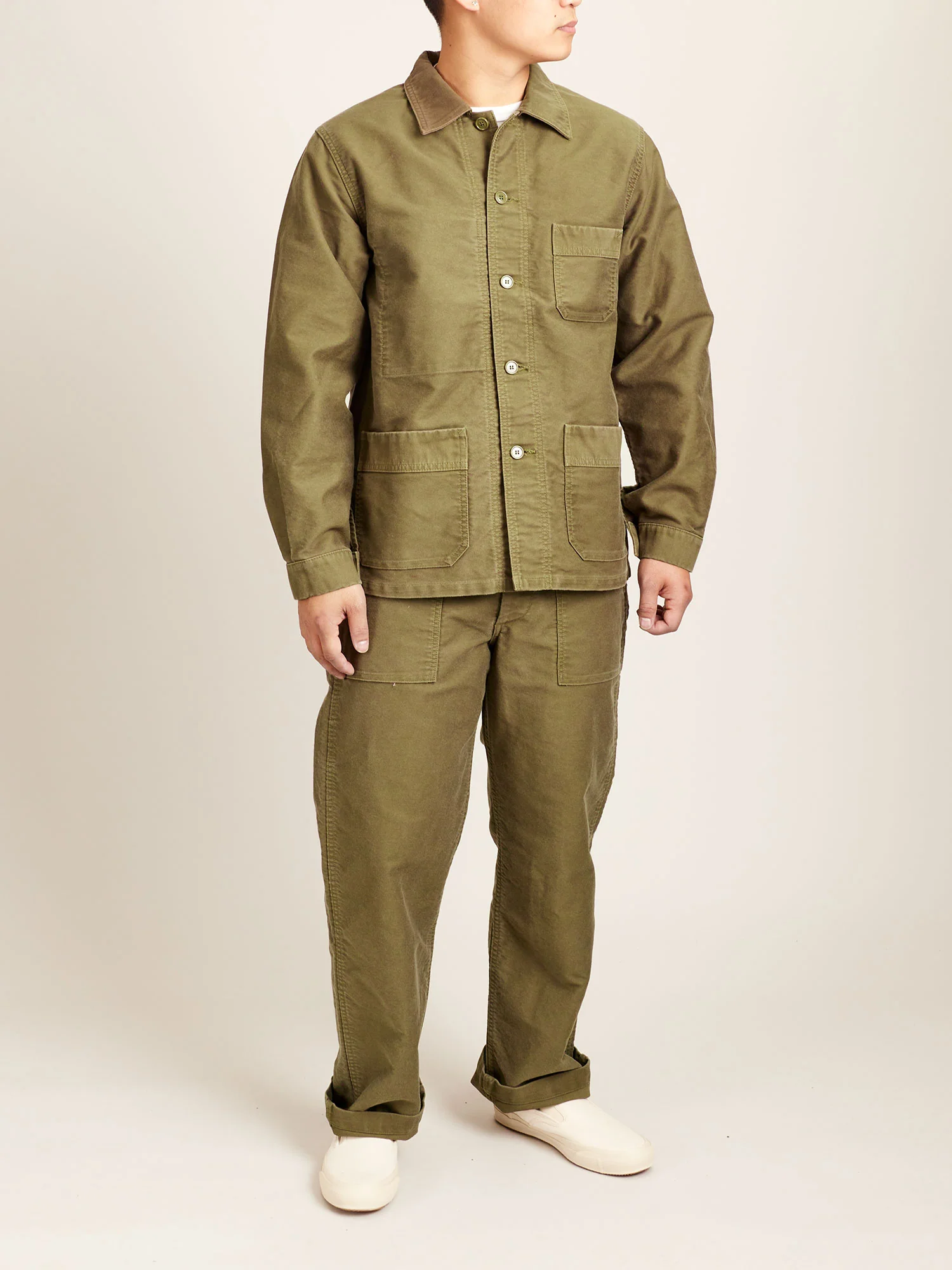 French Moleskin Work Jacket in Olive - Image 10