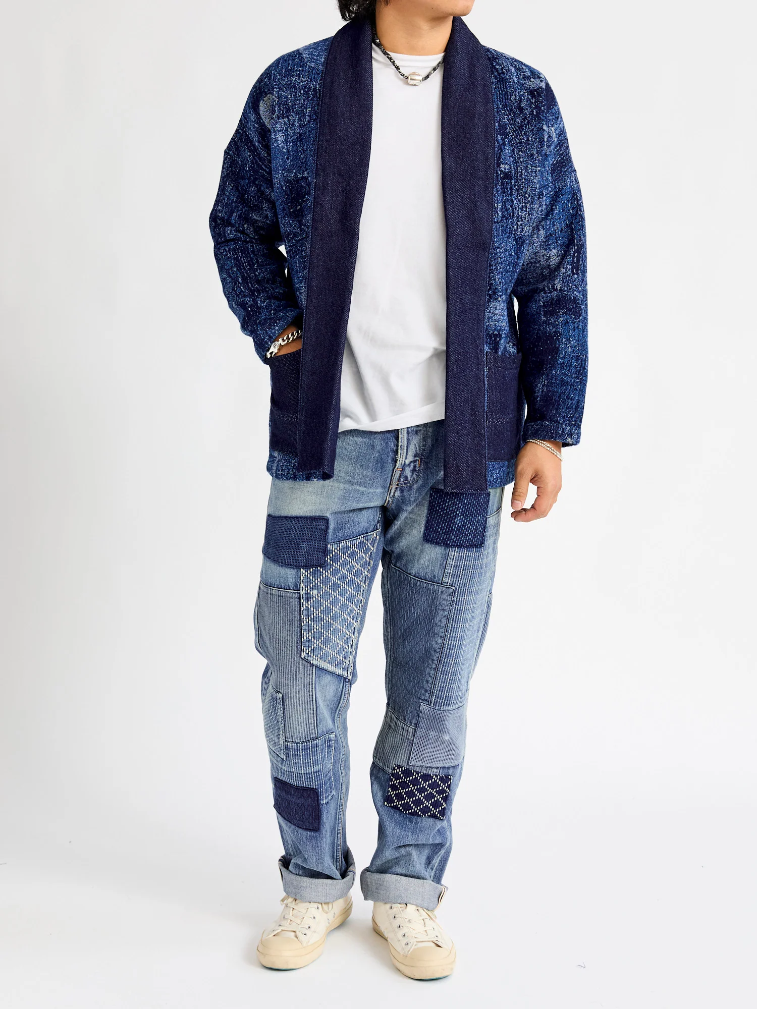 Jacquard Boro Haori Jacket in Indigo Rinse - Image 8
