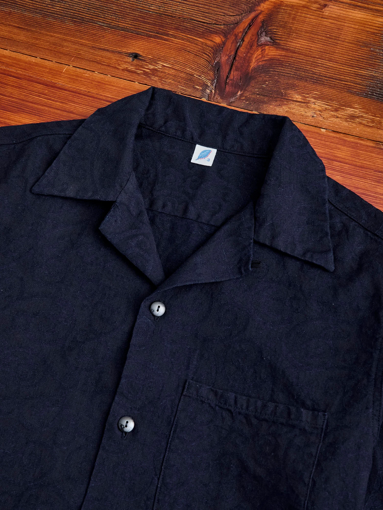 Jacquard Open Collar Shirt in Indigo Arabesque - Image 3