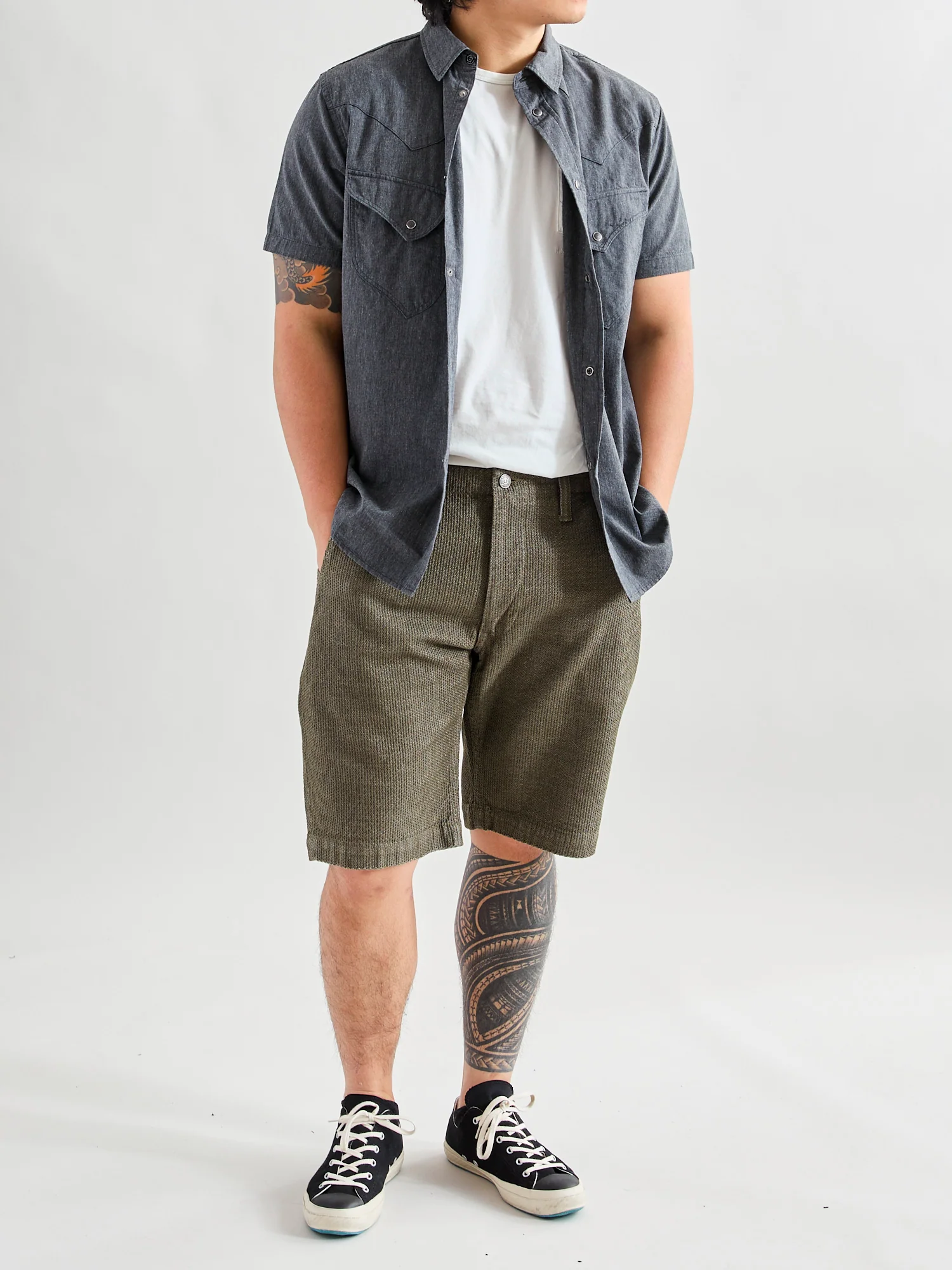 Jacquard Stitch Sashiko Shorts in Olive - Image 11