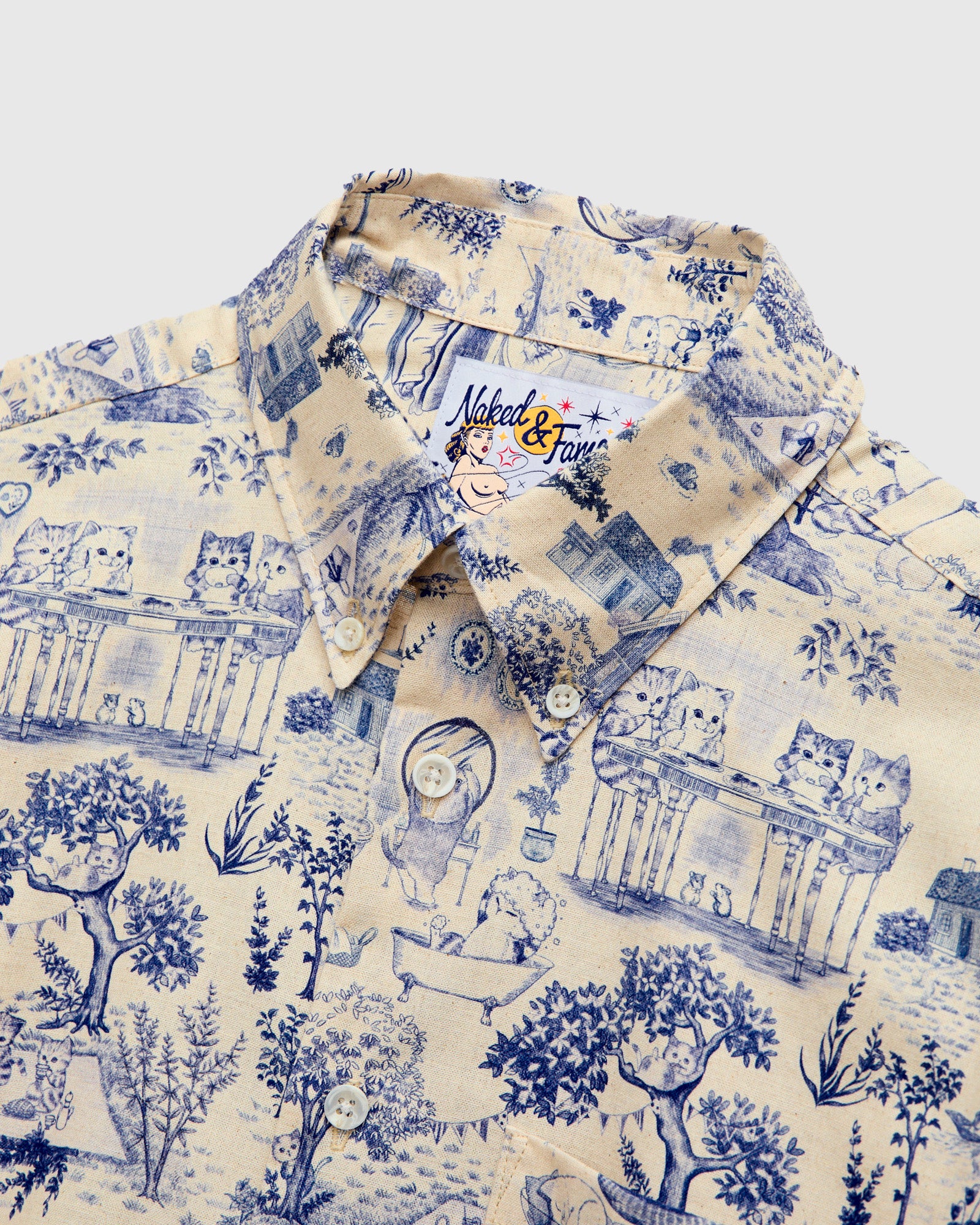 "Linen Cats" Button Down Easy Shirt in Blue - Image 3