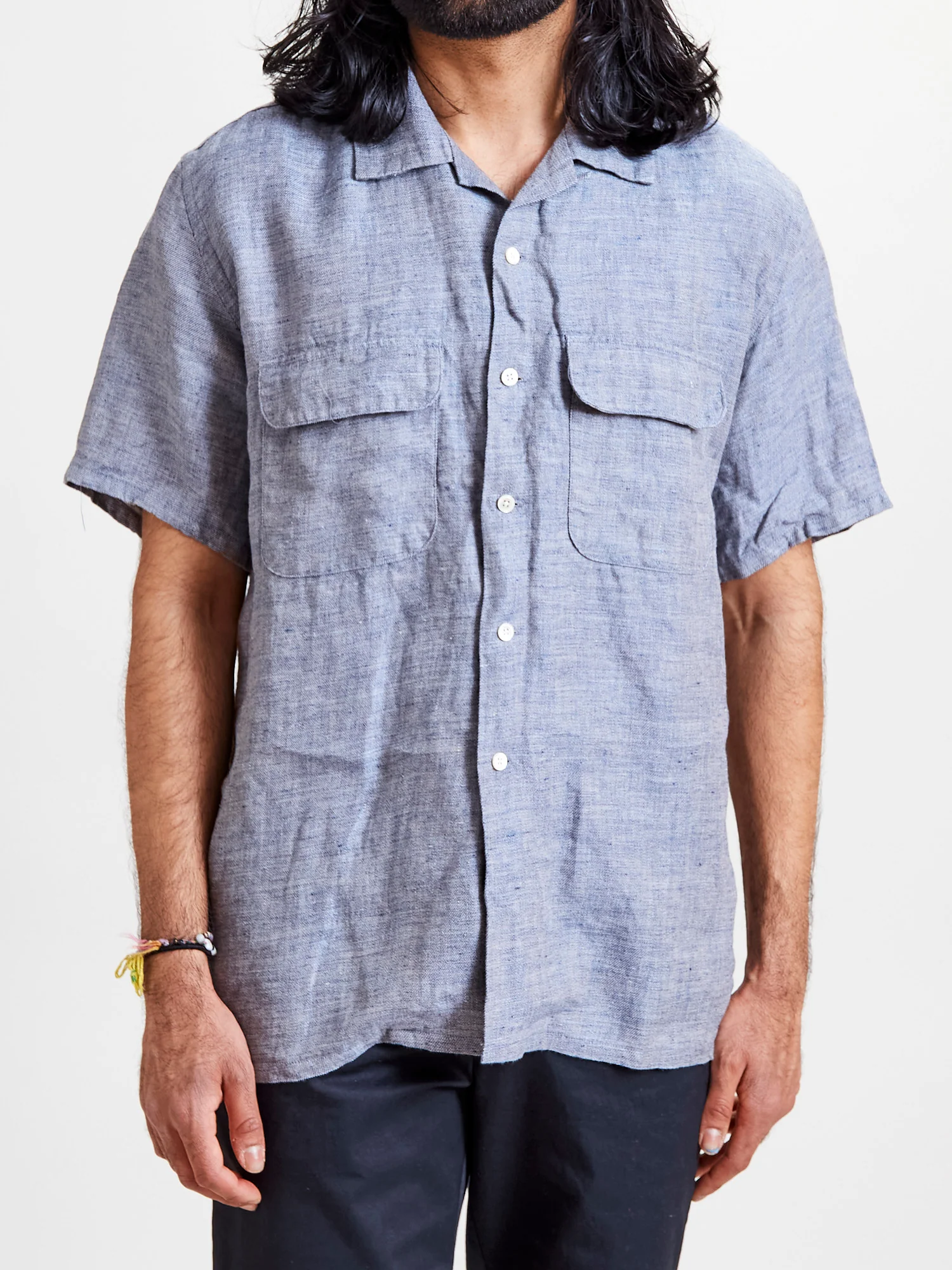 Linen Chambray Open Collar Shirt in Navy - Image 2