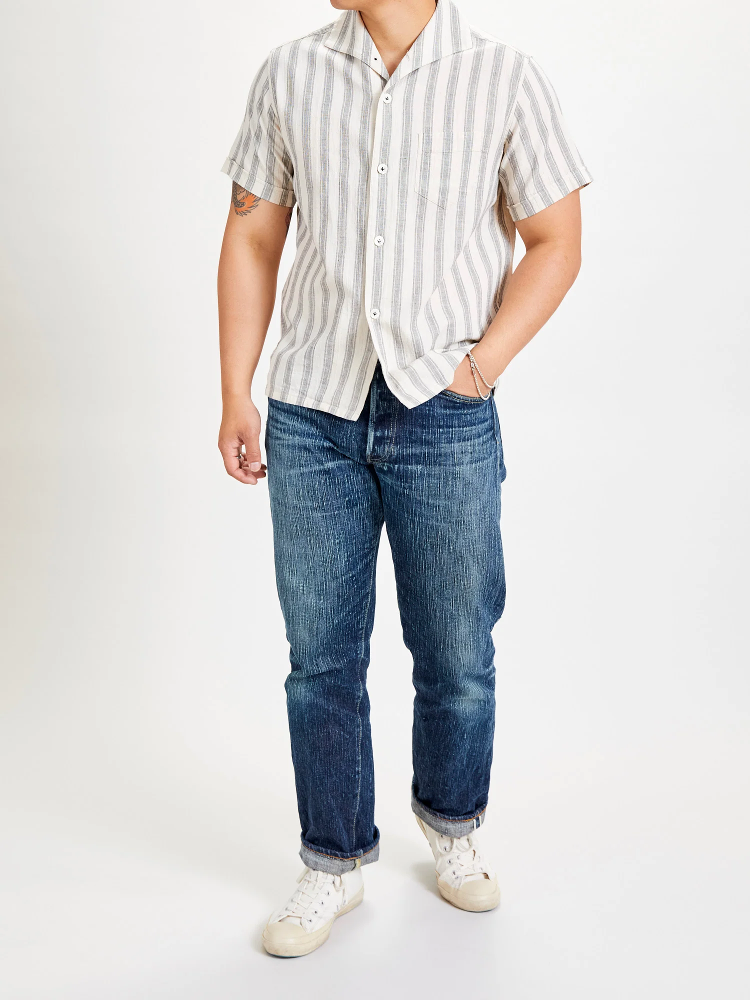 Linen Italian Collar Shirt in White Stripe - Image 9