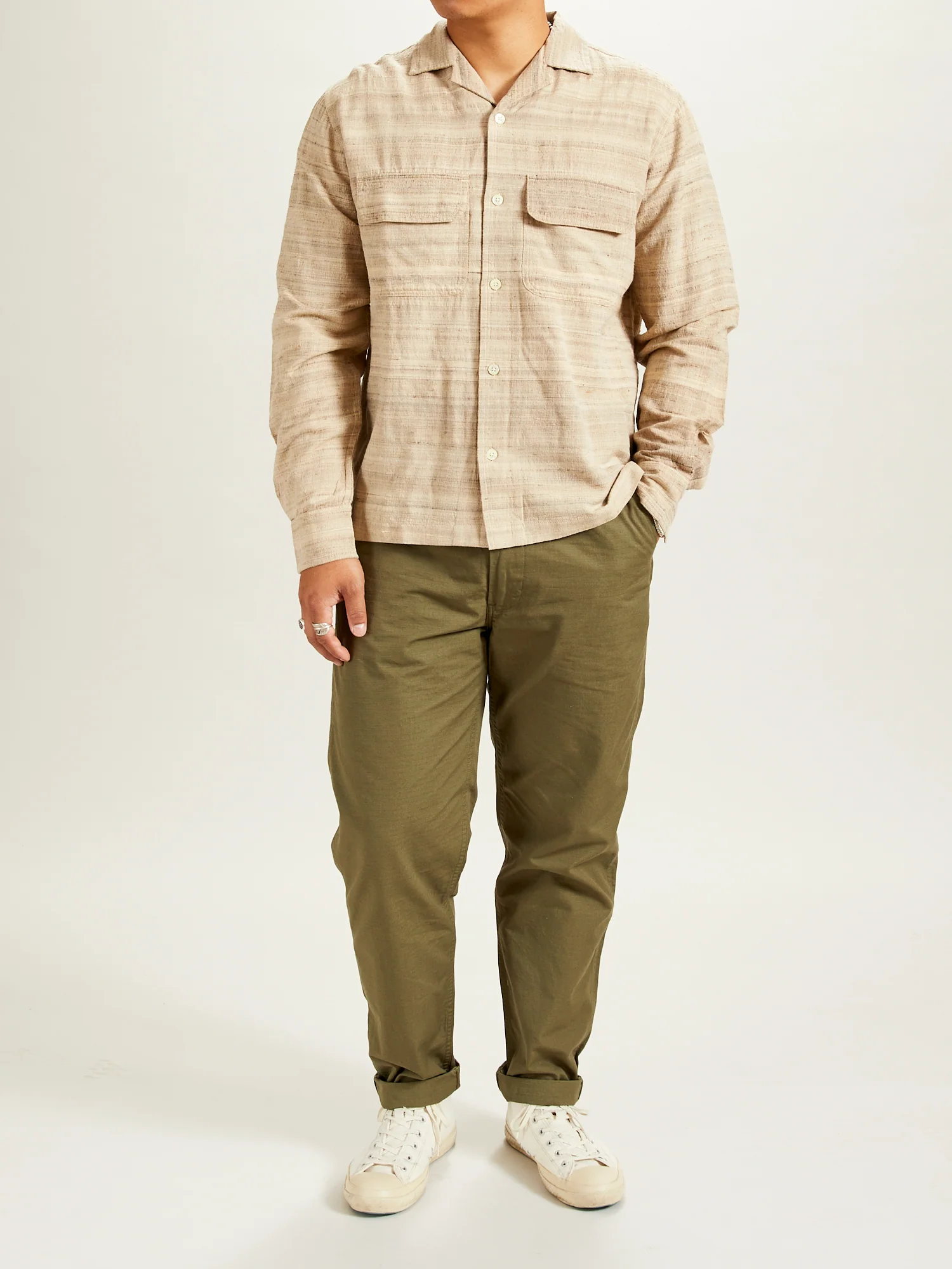 Long Sleeve Open Collar Shirt in Travertine Handloom Silk - Image 9