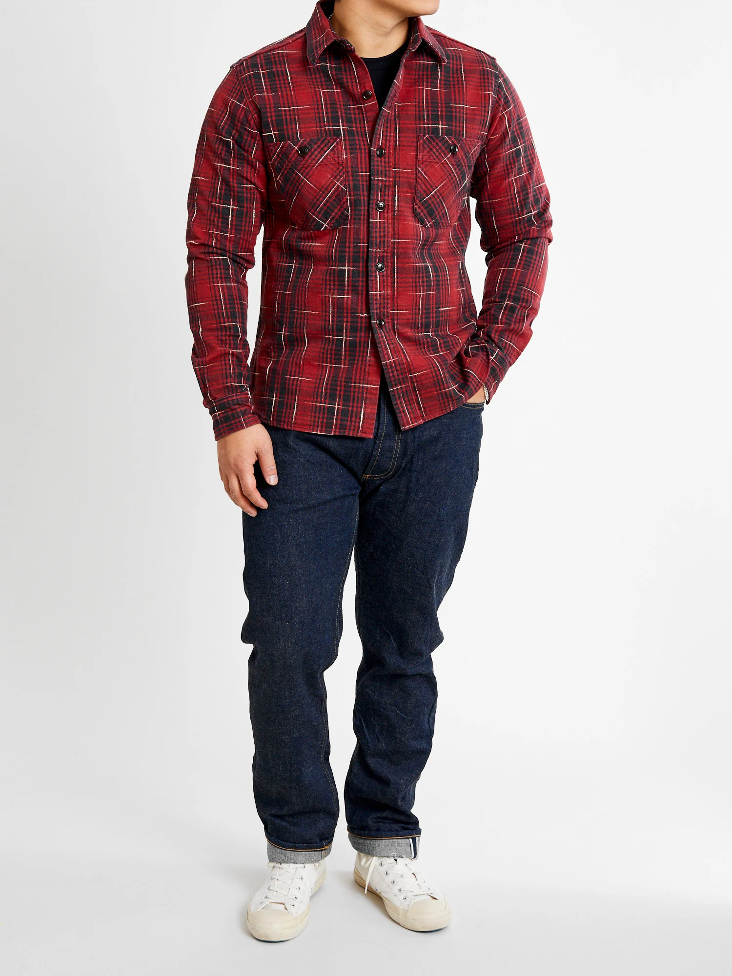 "Midare Kasuri" Heavyweight Flannel Overshirt in Red - Image 10