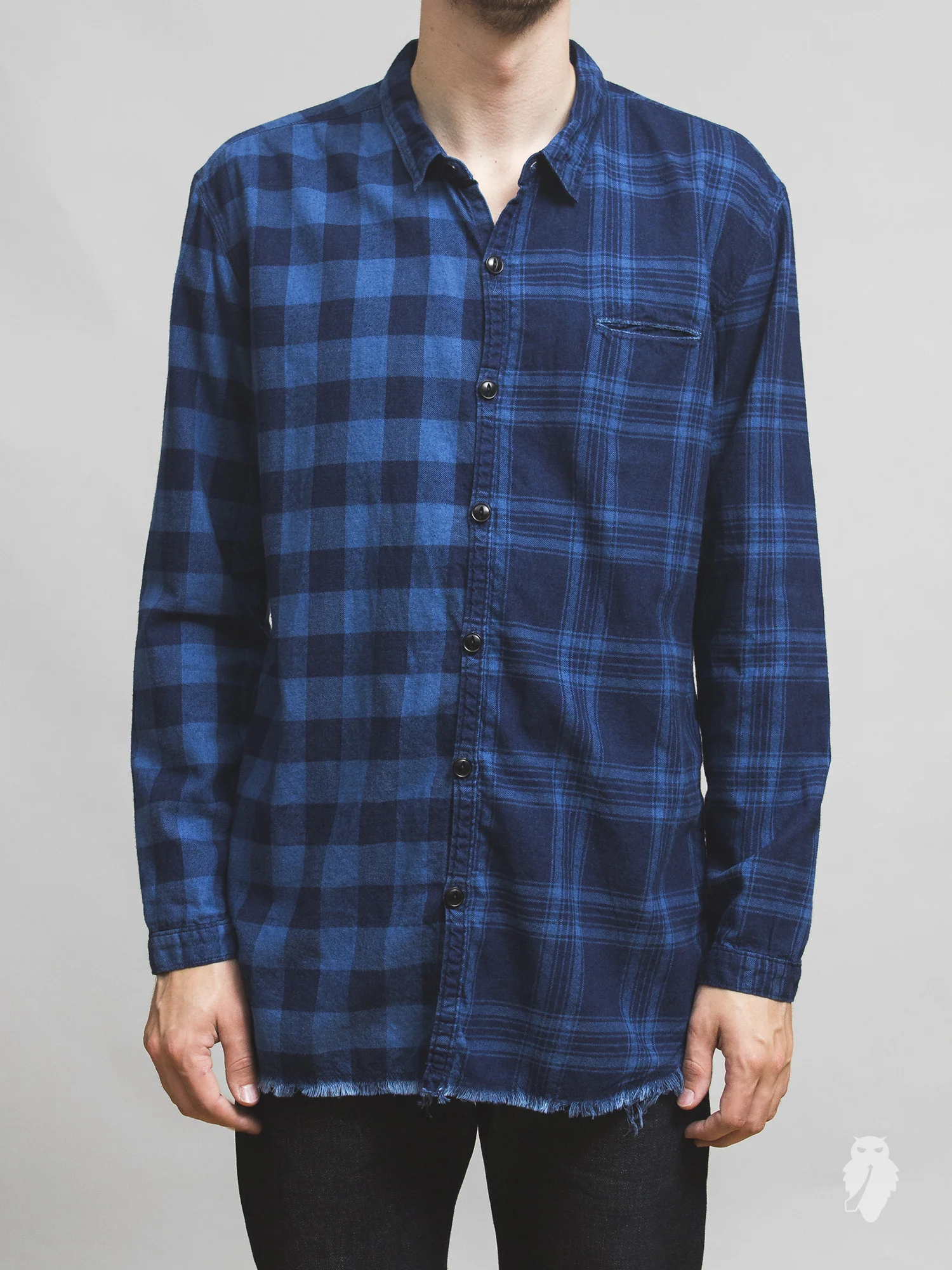 Mismatch Frayed Button Down Shirt in Indigo - Image 2