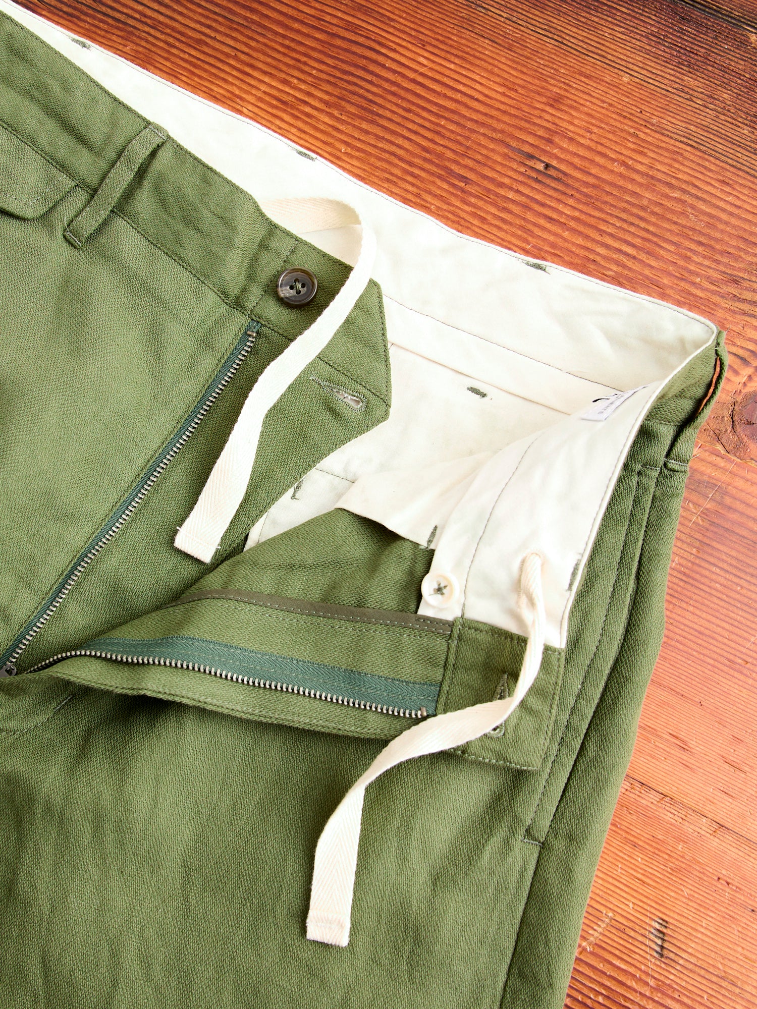 Officer Pants in Olive Cotton Hemp Satin - Image 7