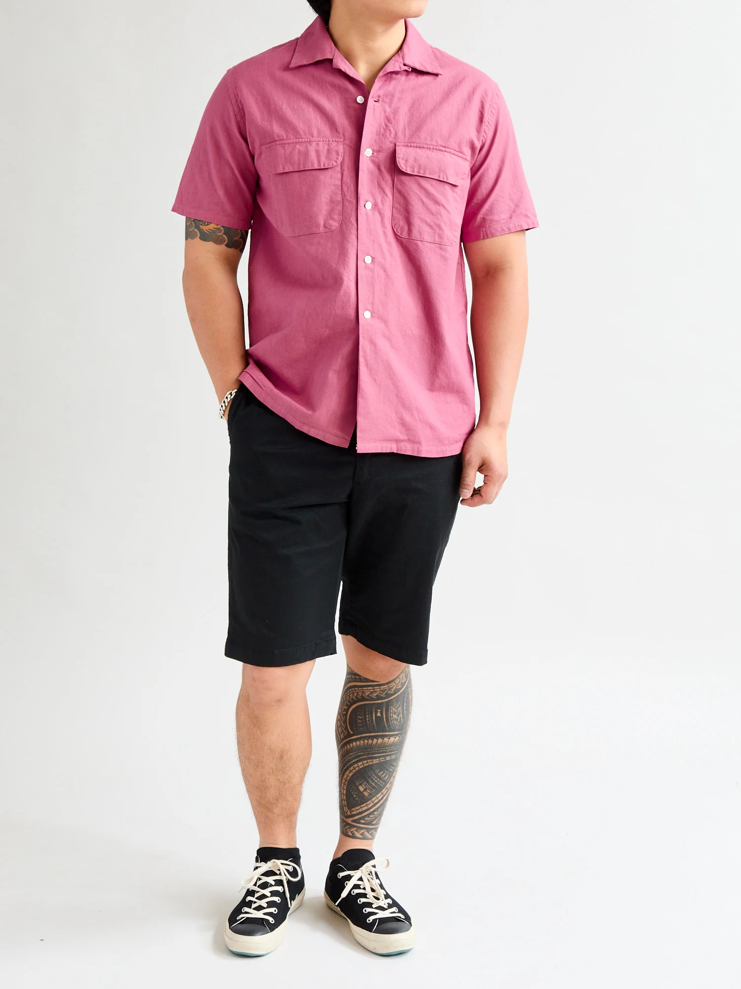 Panama Cloth Open Collar Shirt in Dusty Pink - Image 10