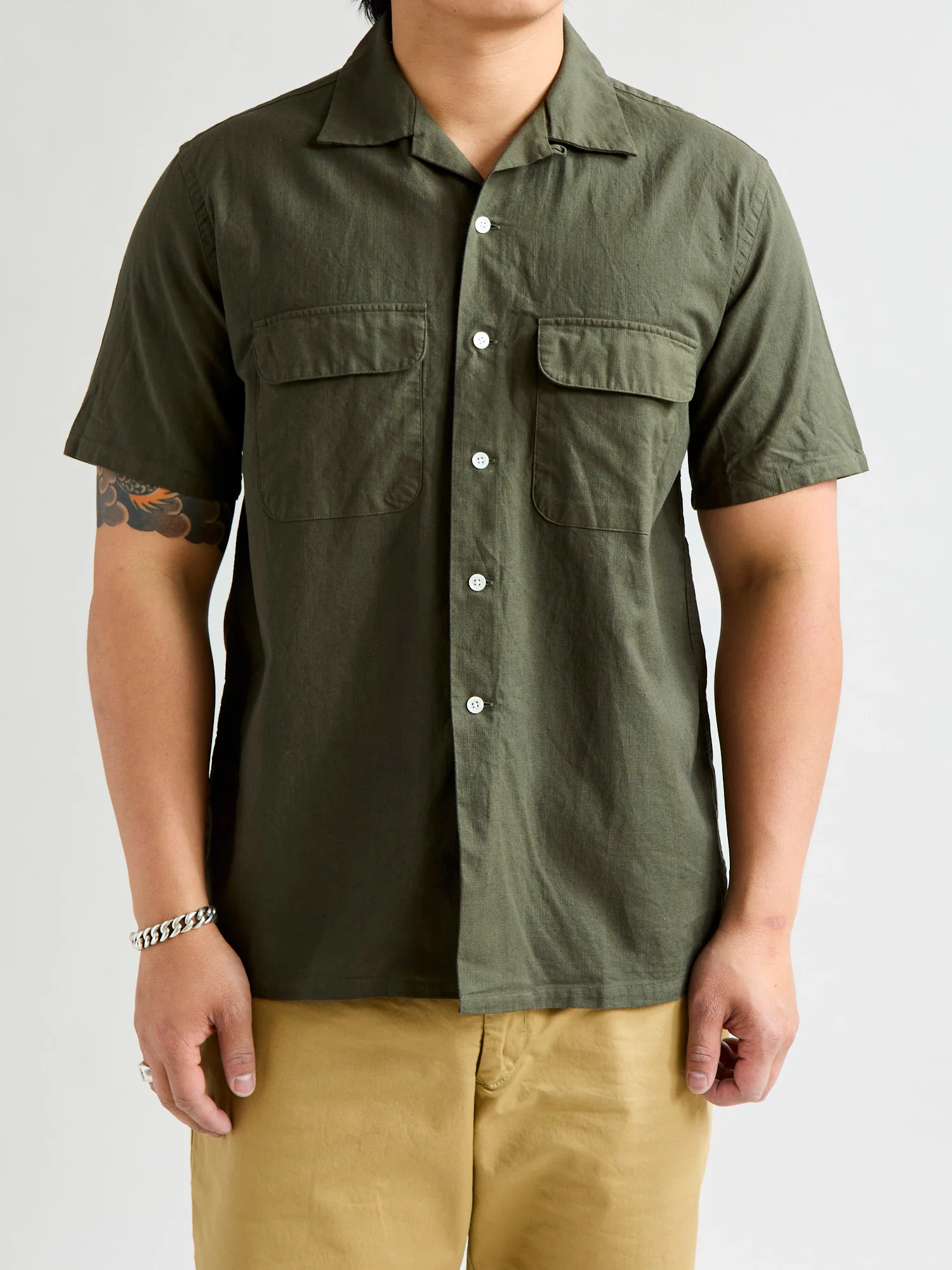 Panama Cloth Open Collar Shirt in Olive - Image 2