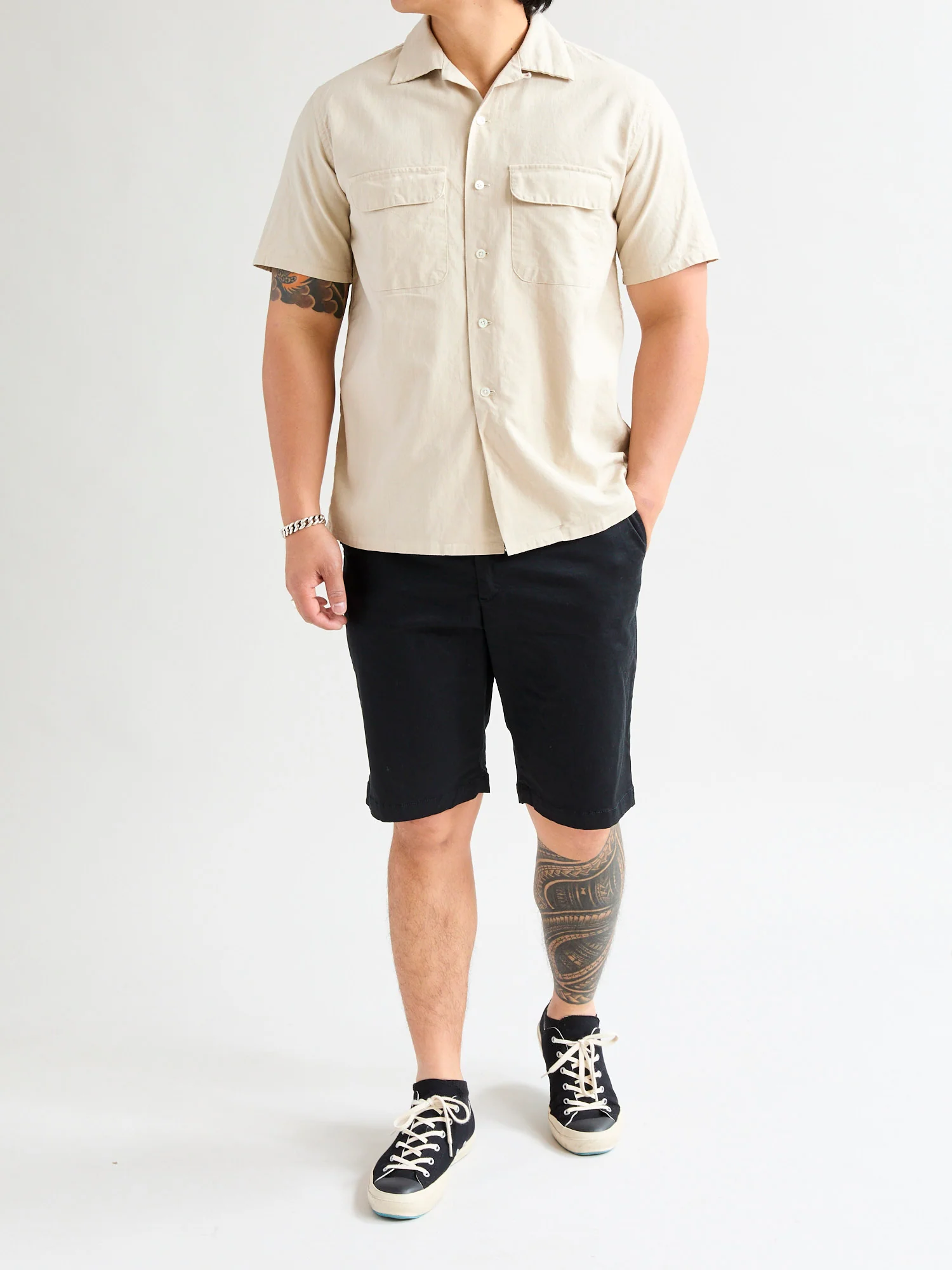 Panama Cloth Open Collar Shirt in Sand - Image 10