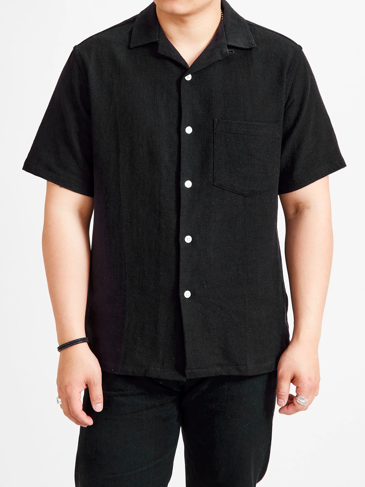 Pique Button-Up Shirt in Black - Image 2