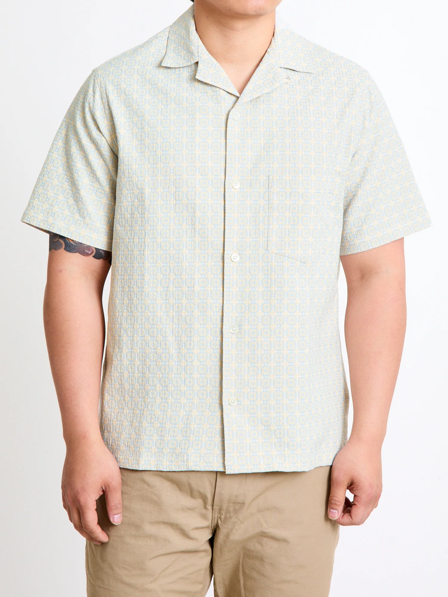 Portuguese Tile Button-Up Shirt in Blue Beige - Image 2