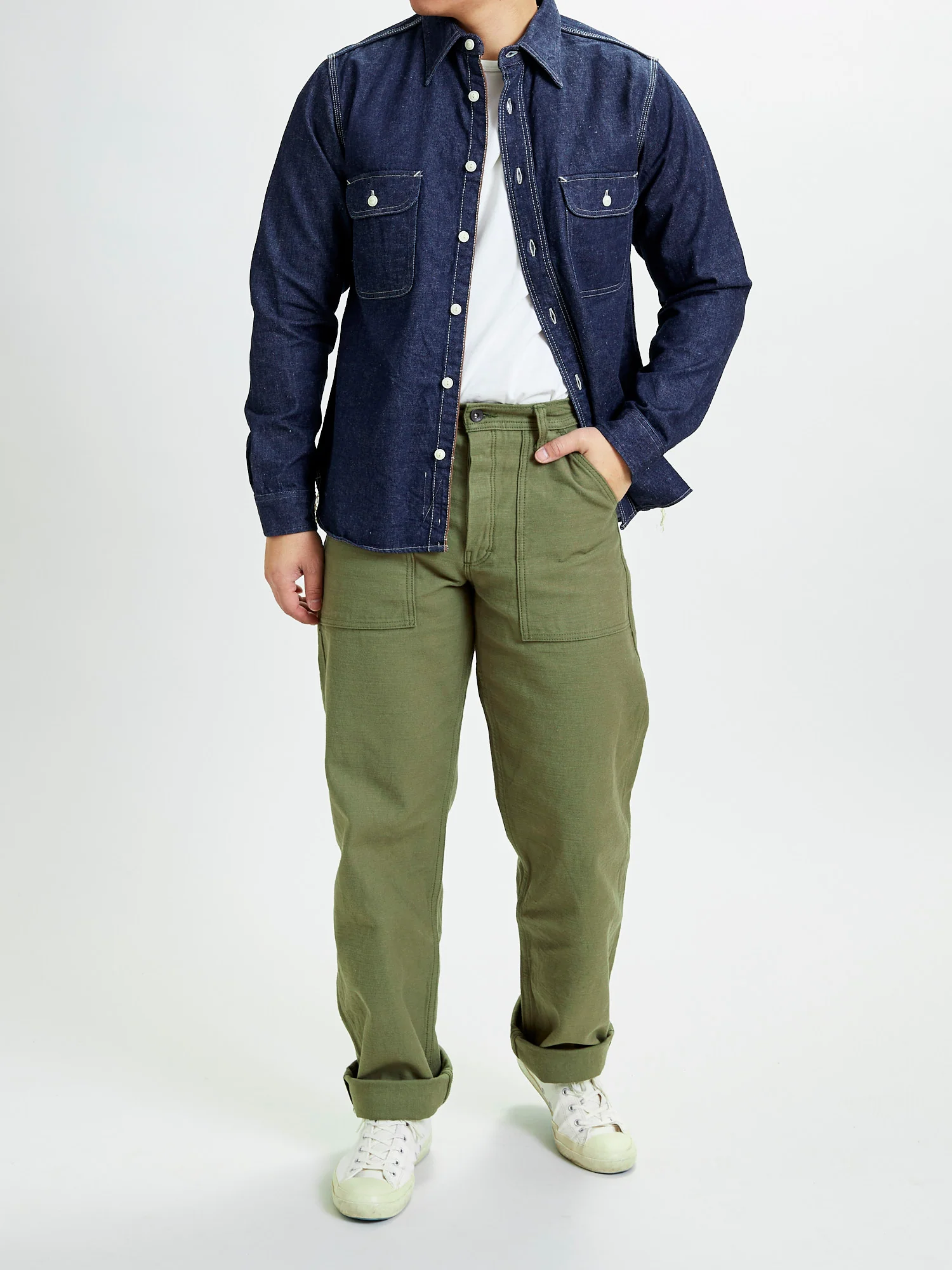 "Samurai Cotton" 10oz Denim Work Shirt in Indigo - Image 11