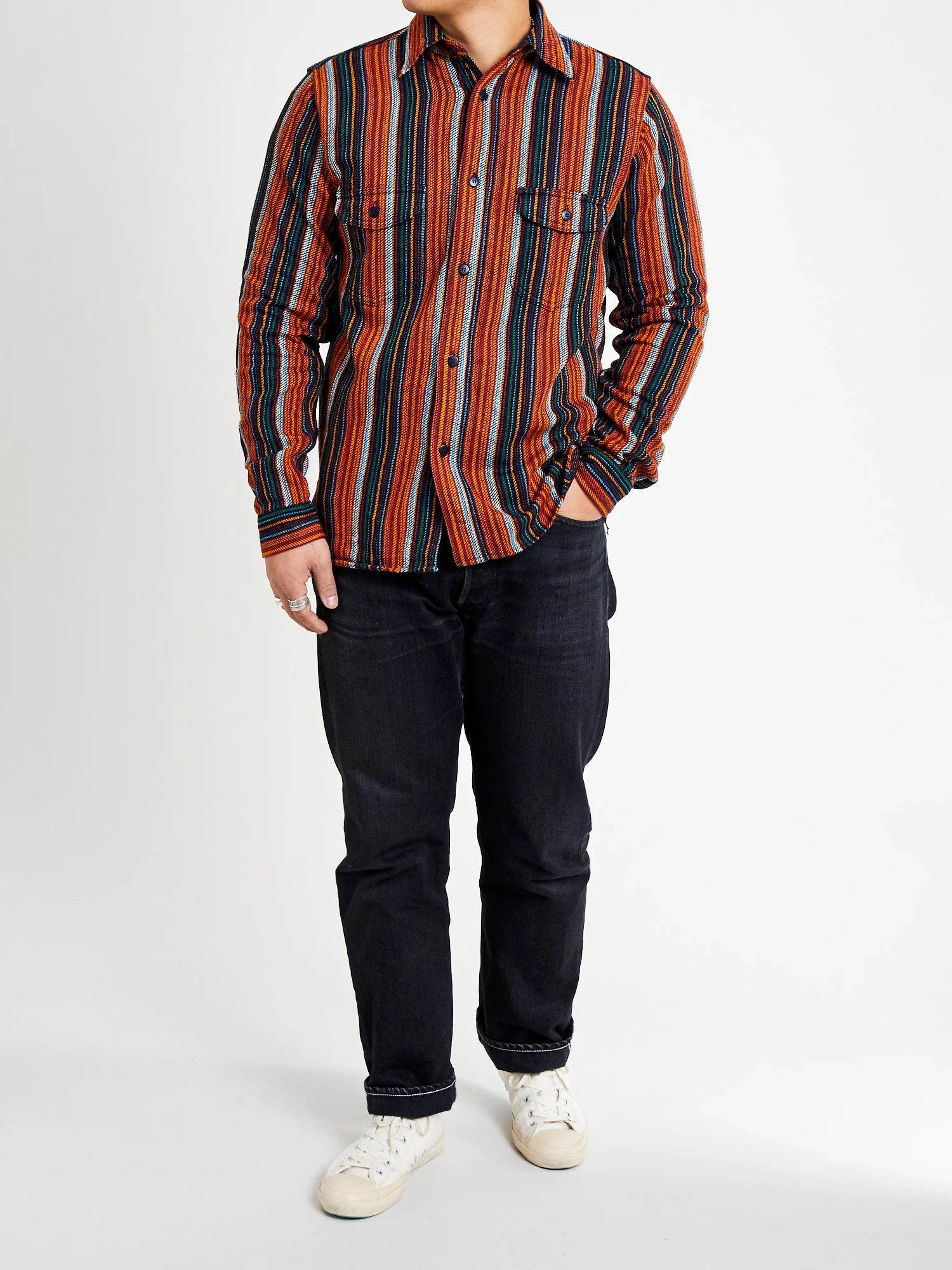 SIN23-02W Rope Dyed Flannel Shirt in Indigo/Orange - Image 12
