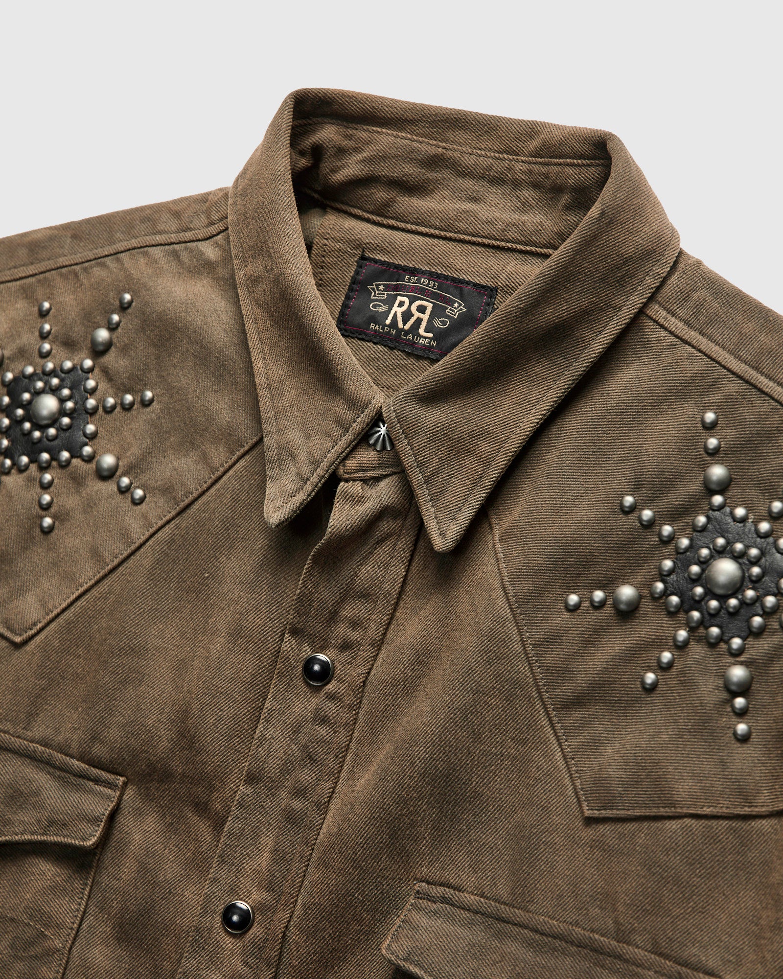 Studded Western Workshirt in Distressed Brown Wash - Image 4