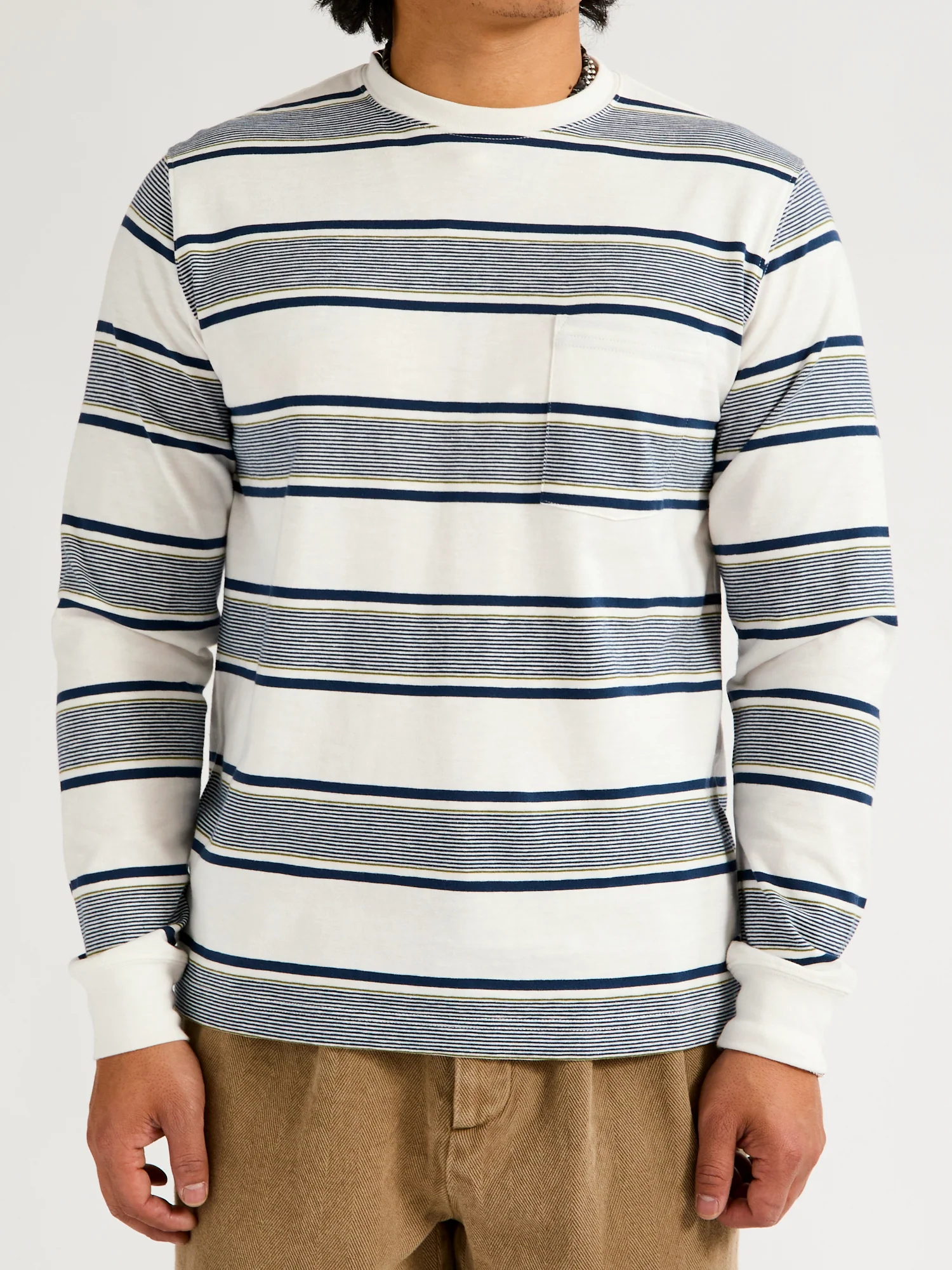 Wide Stripe Long Sleeve Pocket T-Shirt in Off White - Image 2