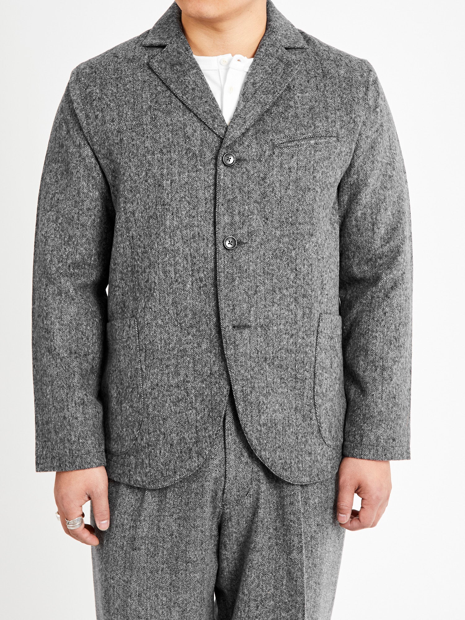 Wool Tailored Jacket in Black Herringbone - Image 2