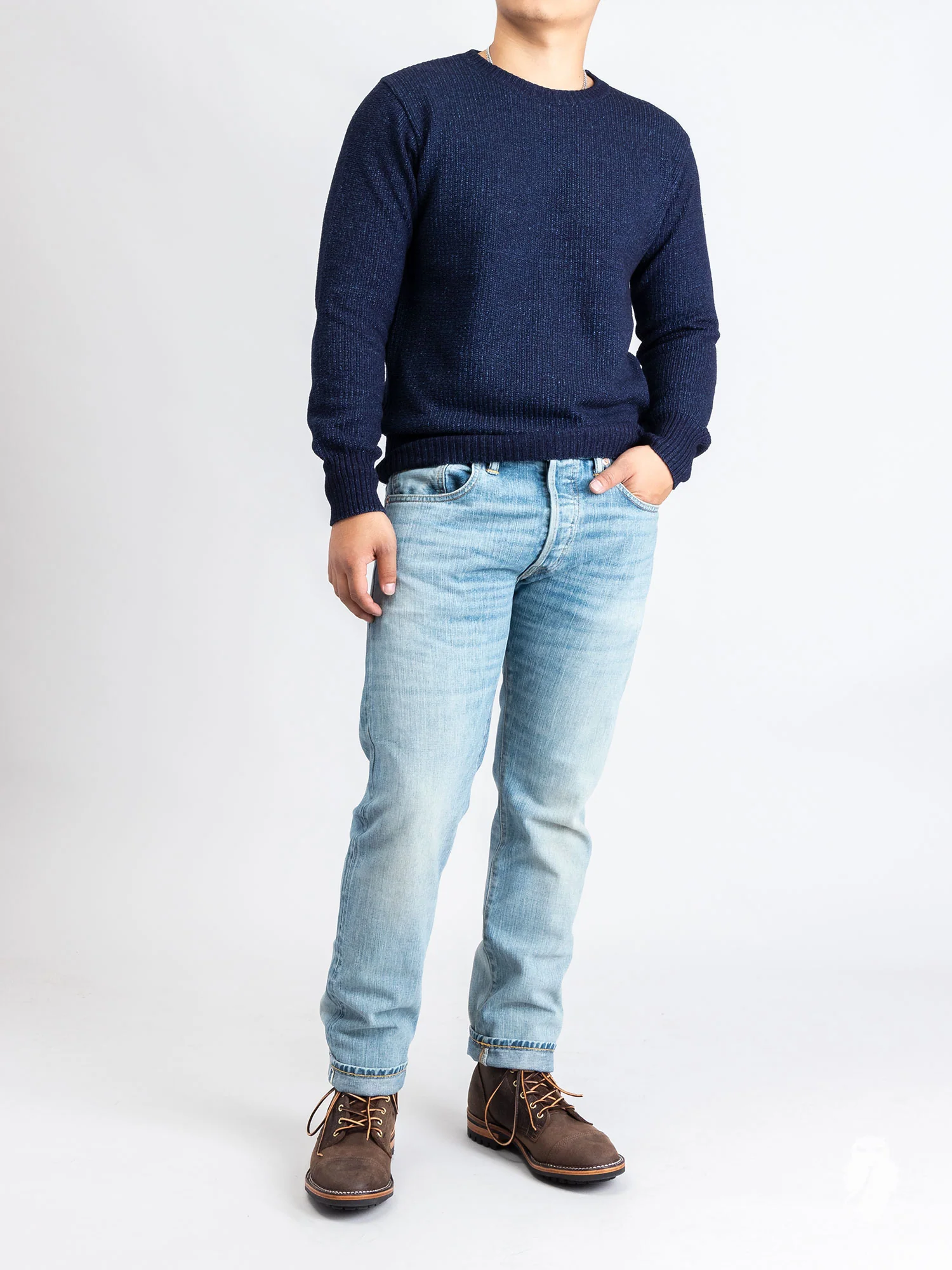Yarn-Dyed Knit Crewneck Sweater in Indigo - Image 7